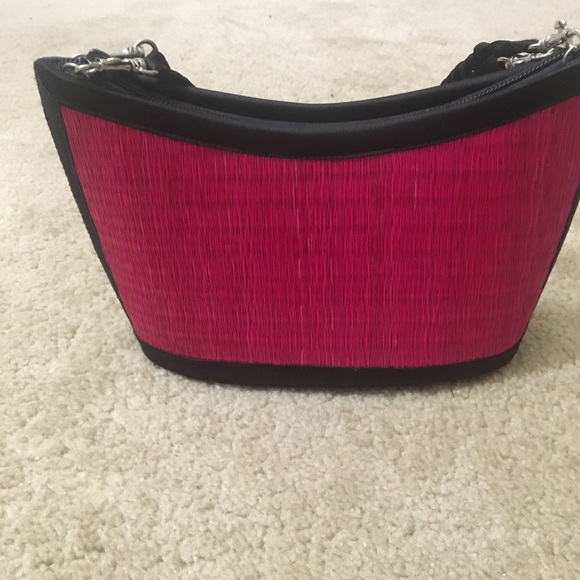 Baskets of Cambodia Woven Bamboo Purse Shoulder Bag Pink Black Detachable Staps - Picture 2 of 10